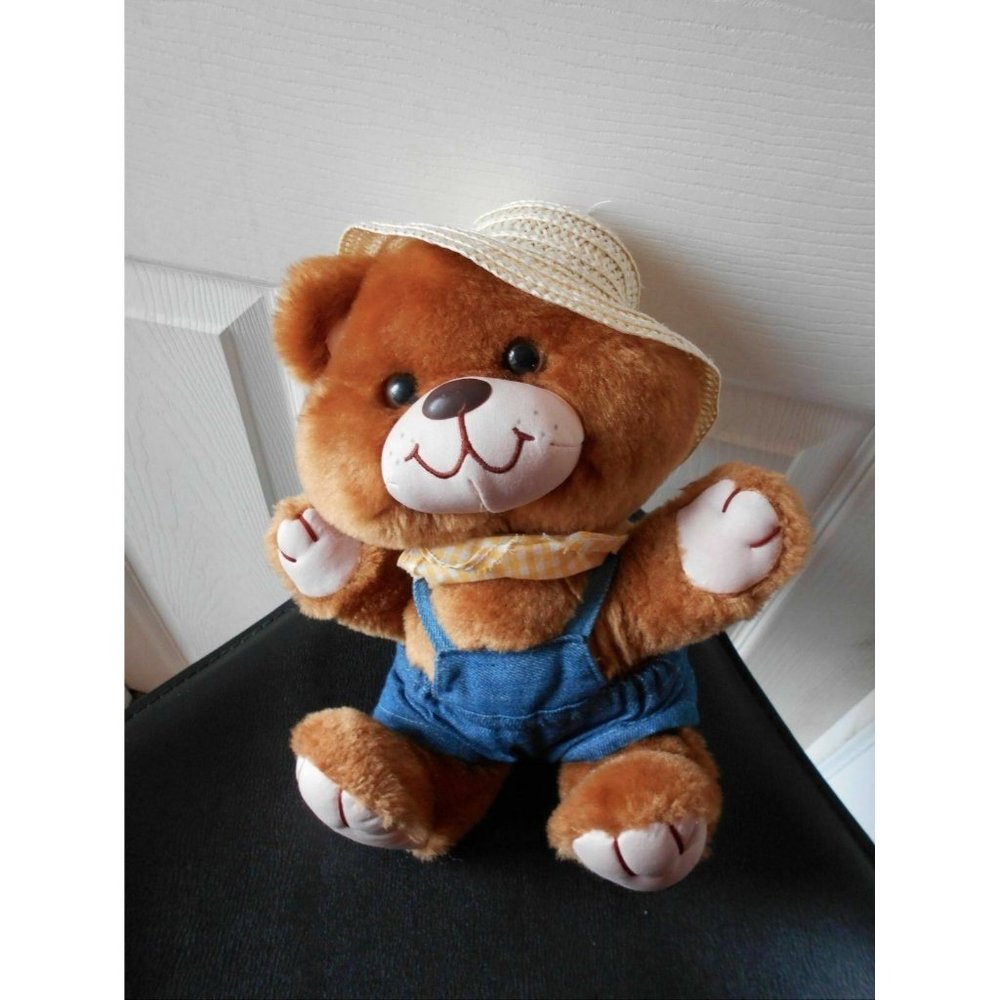 MTY Plush Bear in Overalls Straw Hat 11" Tall Vintage Stuffed Animal Toy